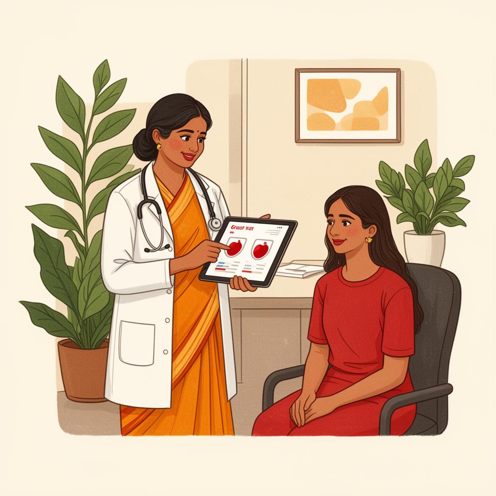 Doctor explaining lab report findings to a patient during a consultation
