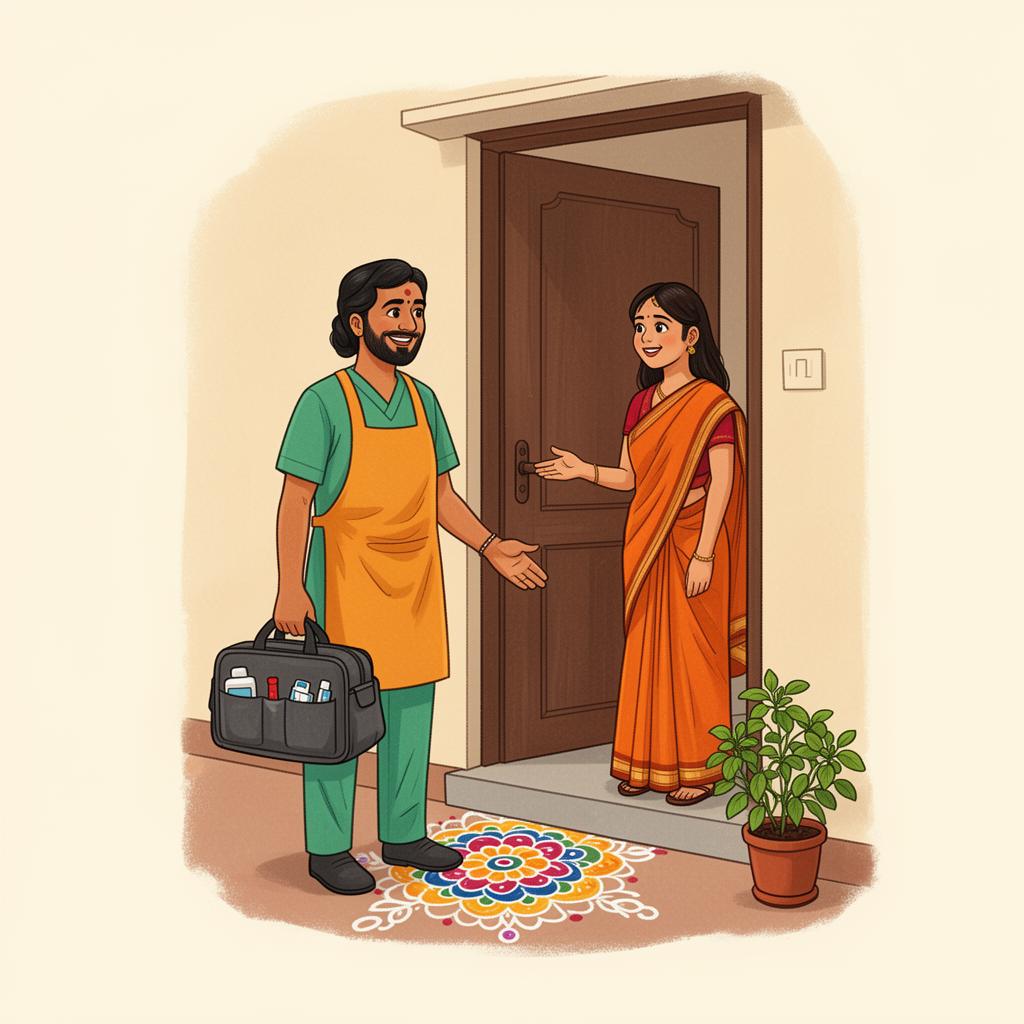 Phlebotomist arriving at the doorstep for a scheduled home blood test