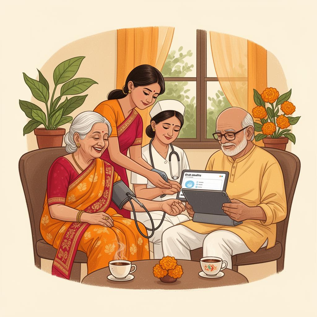 Home nurse providing diagnostic care to an elderly Indian couple