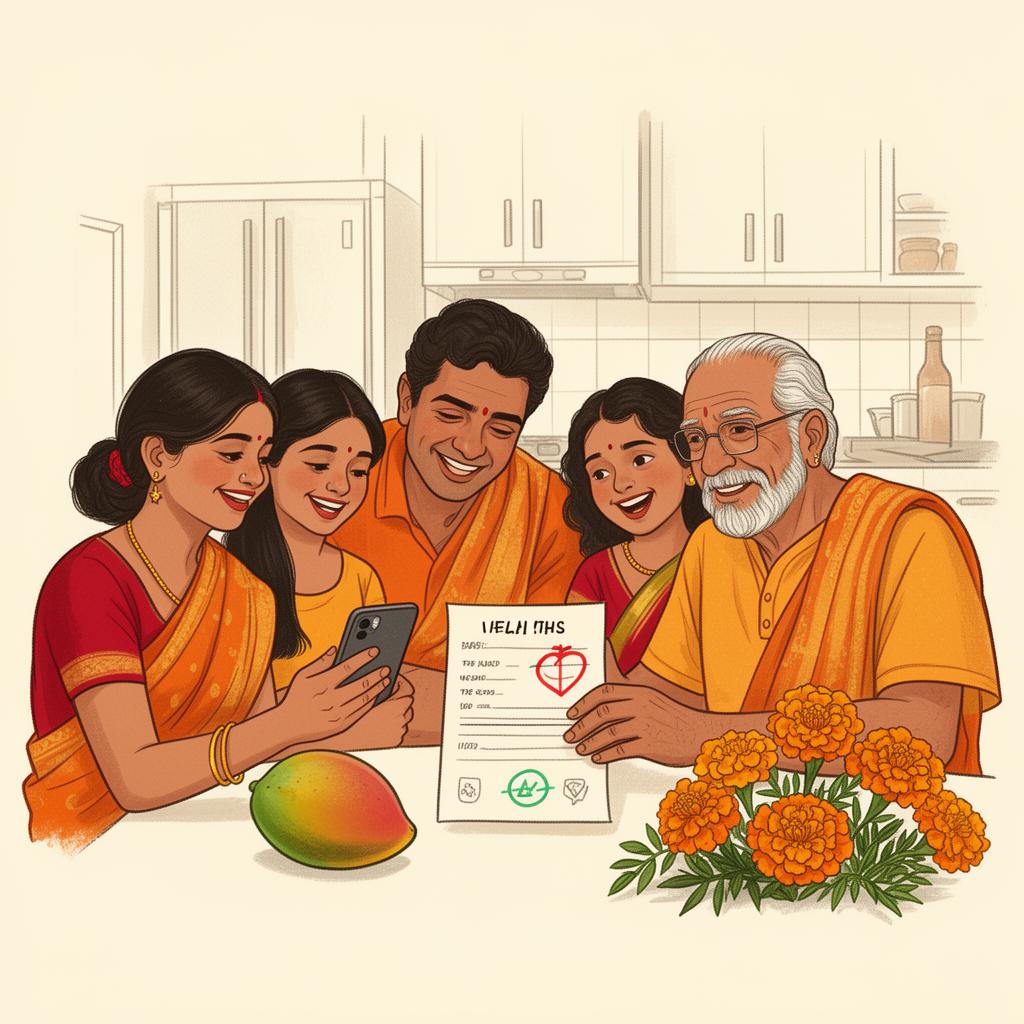 Indian family reviewing a full-body health checkup report together at home
