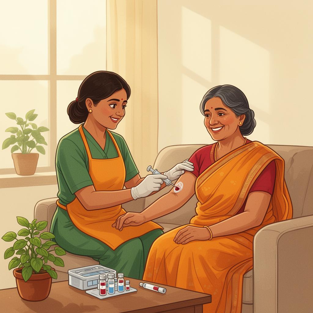 Trained phlebotomist collecting a blood sample at a customer's home in India